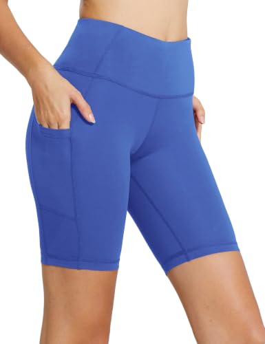baleaf Women's High Waist Biker Shorts with 3 Pockets - color: Earth Blue-classic, size: X-Small