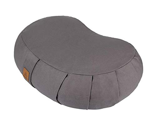 Crescent Zafu Meditation Pillow, D=17" W=11" H=5.5" Zabuton Yoga Bolster, Meditation Cushion, Floor Pouf Yoga Pillow Zippered Organic Cotton Cover Natural Buckwheat kneeling pillow - Large - color: Grey