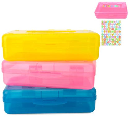Blue Large Plastic Pencil Box 3 Pack with Aesthetic Design and Hard Case, Comes with Stickers in Pink and Clear Colors - color: Pink Blue Yellow
