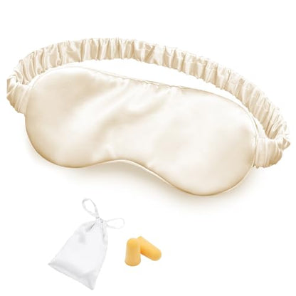 Silk Sleep Mask Eye Mask Blindfold with Double Layer Silk Filling and Elastic Strap for Full Night's Sleep, Travel and Nap, Soft Eye Cover Eyeshade with Luxury Bag and Ear Plugs (Champagne) - color: Light Champagne