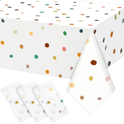 Mindsoft 3 Pcs White Boho Polka Dot Plastic Tablecloth Party | Disposable Table Covers for Birthday Wedding Celebration, Dalmatian Print Design, Easy Cleanup, Modern Art Decoration - color: White, style: Boho Polka Dot