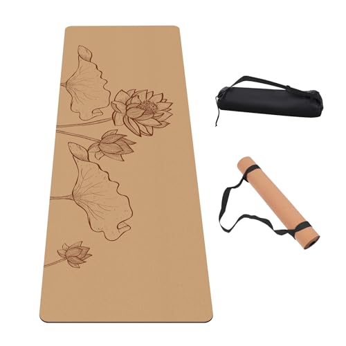 Premium Cork Yoga Mat Non Slip Thick Cork Exercise & Fitness Mat for Yoga, Pilates, & Home Workouts(72" x 24" x 5mm Thick) - color: Cork Mat Lotus
