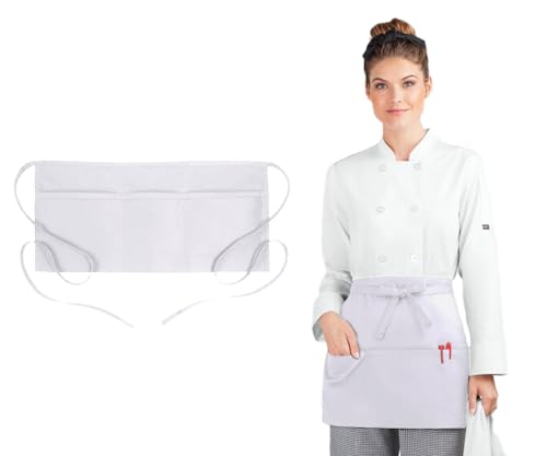 Avalon Kitchen Server Aprons with 3 Pockets – 100% Polyester Waist Apron, 24x12 Inch Half Apron, Waitress Apron for Servers - color: White, style: Pack of 1