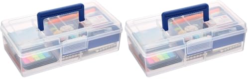 JUXYES Plastic Carry Storage Box with Removable Dividers, Clear Art Craft Supply Storage Bin Sewing Box with Handle Lid, 2 Layers Stationery Storage Case for School/Office Supplies (Pack of 2) - color: Blue, size: 2 Pack