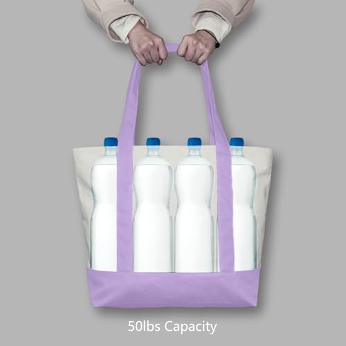 TOPDesign 1-Pack Canvas Tote Bag with an External Pocket, Reusable Grocery Shopping Bag, Top Zipper Closure, Daily Essentials (Lavender/Natural) - color: Lavender/Natural