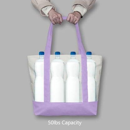 TOPDesign 1-Pack Canvas Tote Bag with an External Pocket, Reusable Grocery Shopping Bag, Top Zipper Closure, Daily Essentials (Lavender/Natural) - color: Lavender/Natural