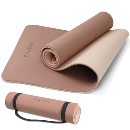 PAIDU POE Yoga Mat （10mm）Extra Thick Fitness Mat 72"x24" with Carry Strap | Non-slip, tear-resistant and suitable for all ages, perfect for yoga, Pilates, home gym and full-body workouts. - color: Brown+Apricot
