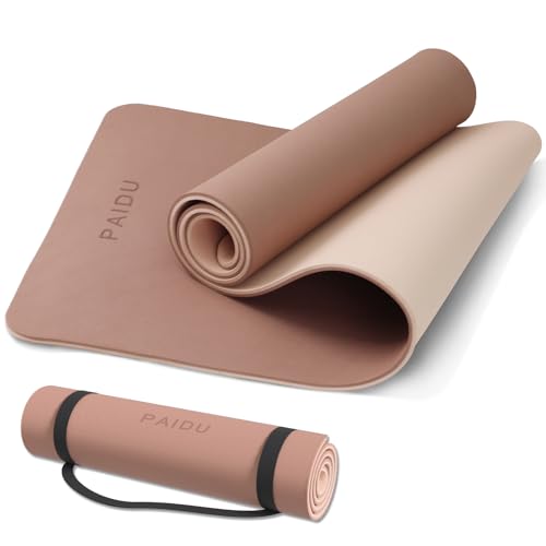 PAIDU POE Yoga Mat （10mm）Extra Thick Fitness Mat 72"x24" with Carry Strap | Non-slip, tear-resistant and suitable for all ages, perfect for yoga, Pilates, home gym and full-body workouts. - color: Brown+Apricot