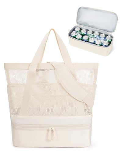 BAGSMART Beach Bag for Women, Mesh Tote Bags with Zipper, Sandproof Vacation Essentials with Cooler for Swim Cruise Pool - color: Beige