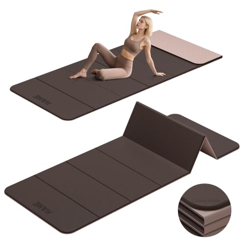 HAHE 7-Fold Design Extra Thick Yoga Mat 72"L x 24"W x 0.47", TPE | Fitness Exercise Mats, Non-Slip Foldable Yoga Mat, High Density, Portable for Men & Women, Yoga, Pilates, Home Gym - color: Brown & Beige