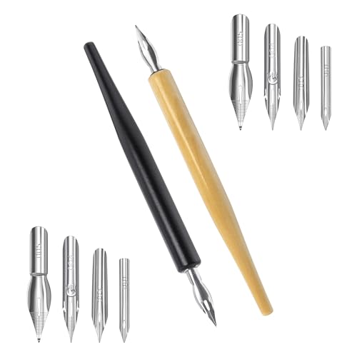 Quacc Comic Dip Pen Set, 2 Pen Holders and 10 Replacement Nibs, Wooden Calligraphy Holder with 5 Different Stainless Steel Nib for Writing, Painting, Signing