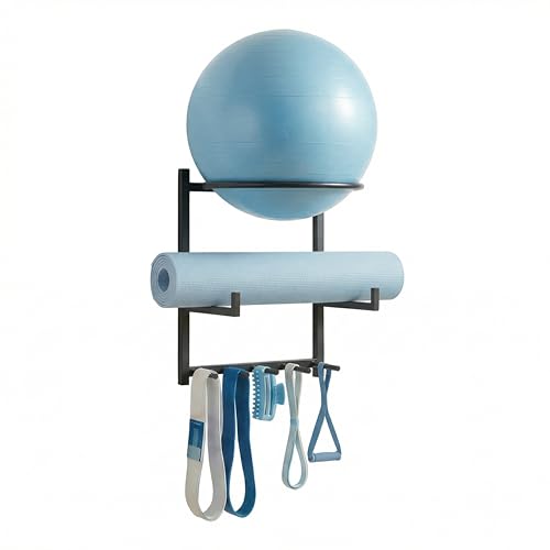 Wall Mounted Yoga Ball and Mat Holder, Space-Saving Home Gym Organizer and Storage Rack Fits 55-75cm Stability Ball with 5 Hooks for Resistance Bands and Equipment