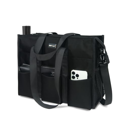 TOPDesign Utility Water Resistant Tote Bag with 22 Pockets, Top Zipper Closure & Thick Bottom Support, for Working Women - color: Black, size: Large