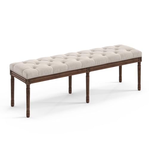 LUE BONA 60" Fabric End of Bed Bench, Upholstered Tufted French Bedroom Bench with Carved Dark Brown Legs for Bedroom End of King Size Bed, Living Room, Linen - color: Linen and Dark Brown, size: 60''