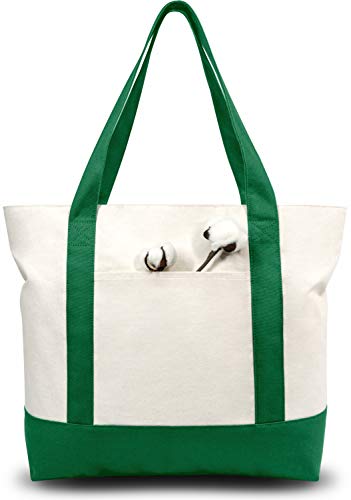 TOPDesign 1-Pack Canvas Tote Bag with an External Pocket, Reusable Grocery Shopping Bag, Top Zipper Closure, Daily Essentials (Green/Natural) - color: Green/Natural