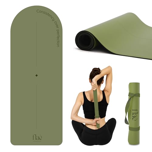 Premium PU Yoga Mat | Sweat-Activated Non-Slip Grip | Natural Rubber Base | Arch-Shaped Design with Carry & Stretch Strap | For Yoga, Pilates & Stretching & Workouts - color: matcha green