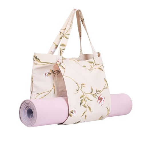 Yoga Mats bag for Women, Canvas Bags for Yoga Mat & Blocks Women, Floral Gym Valentine's Day Gifts for Yoga Lover - color: Beige Almond