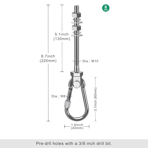 SELEWARE 6Pcs Heavy Duty Swing Hangers, 1500LB Capacity Stainless Steel Swing Set Hooks for Wood/Steel Beam, 5" x M2/5" Porch Swing Hardware for Playground Swing Hammock Chair Yoga Silk Punching Bag - color: 6 Pack Swing Hangers (5" X M2/5" Threaded Rod)
