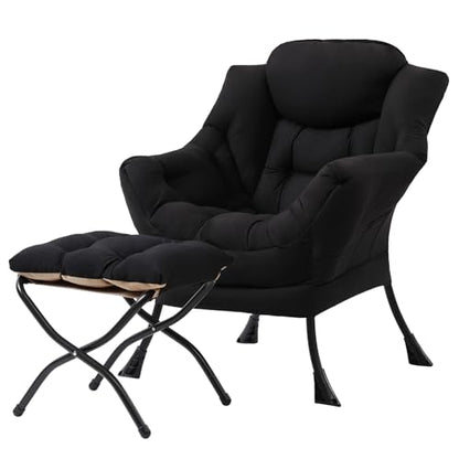 Tiita Lazy Chair with Ottoman, Comfy Reading Accent Chair, Black | Foldable Footrest, Padded Seat and Backrest, Side Pocket for Lounging in Living Rooms, Bedrooms, Dorms and Small Spaces - color: Peach Skin Black