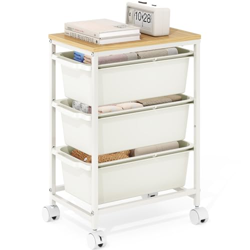 KINGBOARD Slim Rolling Cart with 3 Drawers, Metal Utility Storage Cart | Wooden Tabletop, Lockable Wheels, Under Desk Trolley for Bedroom, Children's Room and Office Organization, White - color: White, size: 3-Tier