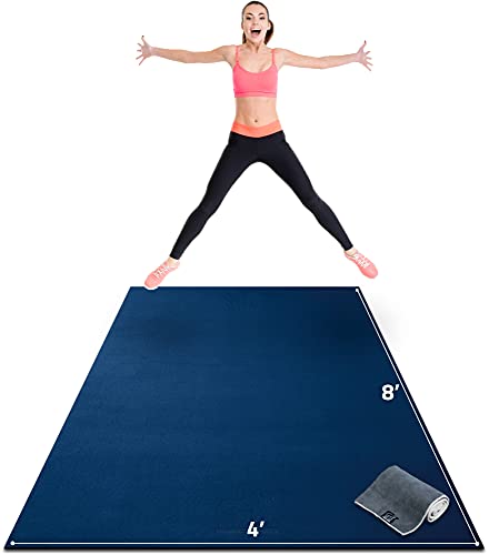 Gorilla Mats Large Exercise Mat – 6'x4', 7'x4', 7'x5', 8'x4', 10'x4' (1/4" Thick) – Ultra Durable Workout Mat for Home Gym Flooring – Non-Slip, Flat Fitness, Yoga & Weight Lifting Floor Mat - color: Midnight Blue Mat with Gray Towel, 2 Storage Straps and