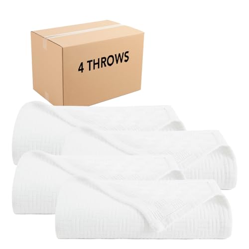 Arkwright Basket Weave Throw Blanket - Case of 4-100% Ringspun Cotton All Season Throws, Luxury Hotel Quality, Soft on Skin, Breathable, 300 GSM for Bed, Sofa, and Chair, 50 X 70 in, White - color: Bright White, size: Throw (50x70) Case of 4