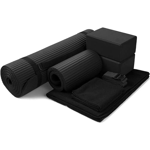 BalanceFrom 7-Piece Yoga Set with 71x24x0.5 Inches Extra Thick Mat and Carrying Sling – Includes 2 Blocks, Stretch Strap, 2 Towels, and Knee Pad for Home, Studio, and Gym Workouts - color: Black