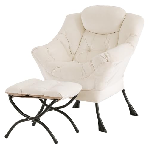 Tiita Lazy Chair with Ottoman, Modern Large Accent Lounge Chairs, Leisure Sofa Armchair with Ottoman, Reading Chair with Footrest for Bedroom, Living Room, Dorm Rooms, Garden | Foldable Footrest, Padded Seat and Backrest, Side Pocket for Lounging in Livin
