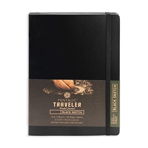 Pentalic Traveler Midnight Sketch Black Paper Journal, 160 Pages, Black (6" x 8") - size: 6-inch x 8-inch, Black