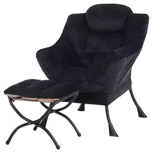 Tiita Lazy Chair with Ottoman, Comfy Reading Accent Chair, Velvet Black - color: Black