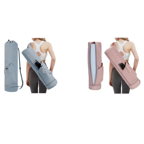 sportsnew Yoga Mat Bag Drawstring Pocket-Full Zip Cargo Yoga Mat Carrier Bag with Water Bottle Pocket and Bottom Wet Pocket Exercise Yoga Mat Carrier Multi-Functional Storage Bag, Blue & Pink