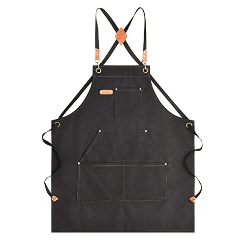Aoomzoon Canvas Aprons for Men Chef Apron, Work Apron with Large Pockets - 16oz Heavy Duty Cross Back, BBQ, Cooking - color: Black②