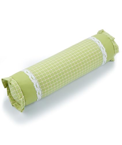 Adjustable Buckwheat Neck Roll Pillow for Nap, Firm Cervical Support Bolster with Neck Pain Relief, Cylinder Round Pillow with Plaid Lace Trim Pillowcase (16"x4",Green) - color: Green