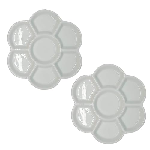 2Pcs White Round Watercolor Paint Palette Tray Water Color Palletes Washable Paint Ceramic Paint Palette Porcelain Watercolor Palette for Watercolor Gouache Acrylic Oil Painting (7-Hole)