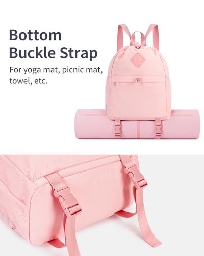 WANDF Drawstring Backpack for Women, Lightweight Gym Bag with Yoga Mat Strap, Water-Resistant String Backpack with Mesh Pocket (Pink, Patent Pending) - color: Pink