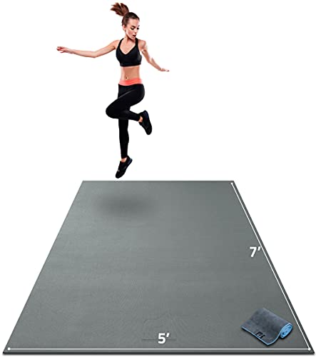 Gorilla Mats Large Exercise Mat – 6'x4', 7'x4', 7'x5', 8'x4', 10'x4' (1/4" Thick) – Ultra Durable Workout Mat for Home Gym Flooring – Non-Slip, Flat Fitness, Yoga & Weight Lifting Floor Mat - color: Silverback Gray Mat with Gray Towel, 2 Storage Straps an