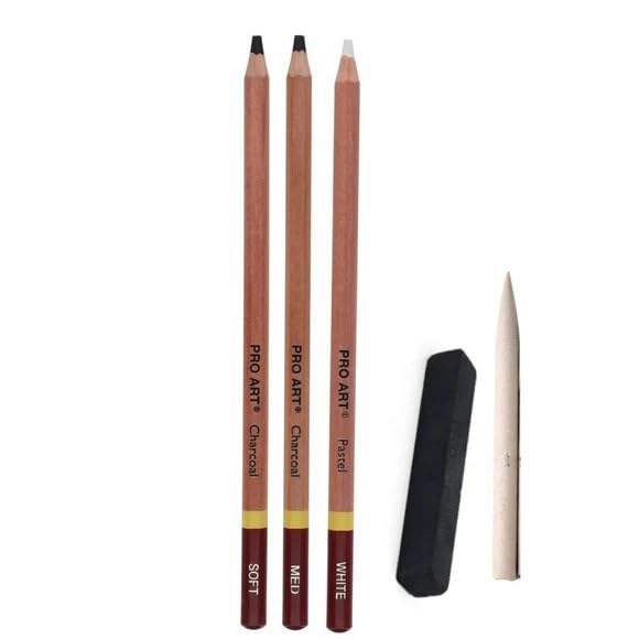PRO ART Charcoal Pencil Set 3 Degree/White 4pc Carded, Sketching & Drawing Pencils for Artists, Includes Graphite & Charcoal Pencils, Art Pencil Set for Shading & Outlining - style: Charcoal Pencils (Soft, Med., Hard, White) 4 Piece Set