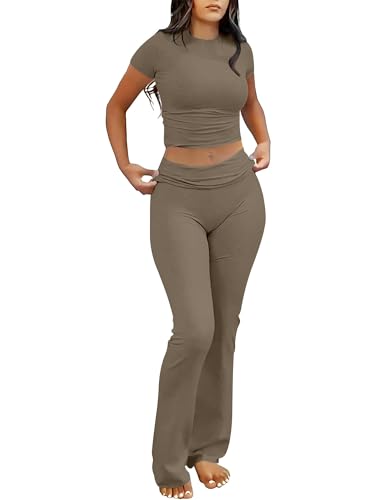 ANRABESS 2 Piece Lounge sets for Women | Crop Top & Foldover Flare Leggings, Yoga Workout Matching Sets, Comfy Stretchy, Trendy Y2k Clothes, Summer Wear Fall Layer - color: Coffee Grey, size: X-Small