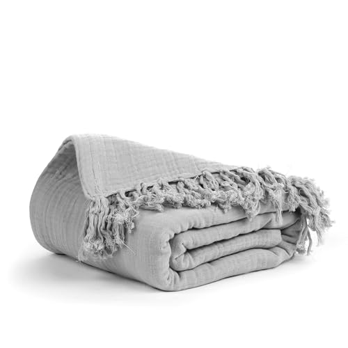 100% Cotton Gauze 50"X60" Throw Tassel 4 Layered Blanket- Scottish Grey | Premium Muslin Blanket for Couch,Bed,Living,Summer Lightweight, All Seasons Blankets & Throws, Boho,Travel & Skin Friendly - color: Scottish Grey, size: 50"X60" Throw