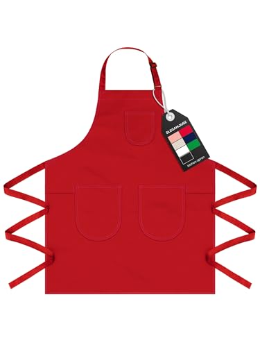 Unisex Apron with Pockets for Cooking, Salon & Art - 100% Cotton Adult Kitchen, Chef, Stylist Apron (Red) - color: Red
