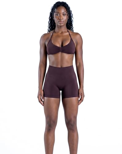 MOYOOGA 2 Piece Workout Sets for Women Seamless Shorts and Strappy Sports Bra Athletic Gym Yoga Matching Outfits - color: Brown, size: Large