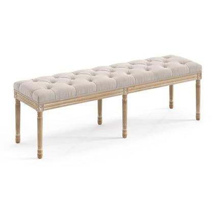 LUE BONA 60" Fabric End of Bed Bench, Upholstered Tufted French Bedroom Bench with Carved Legs for Bedroom End of King Size Bed, Living Room, Linen - color: Linen and Wood, size: 60''