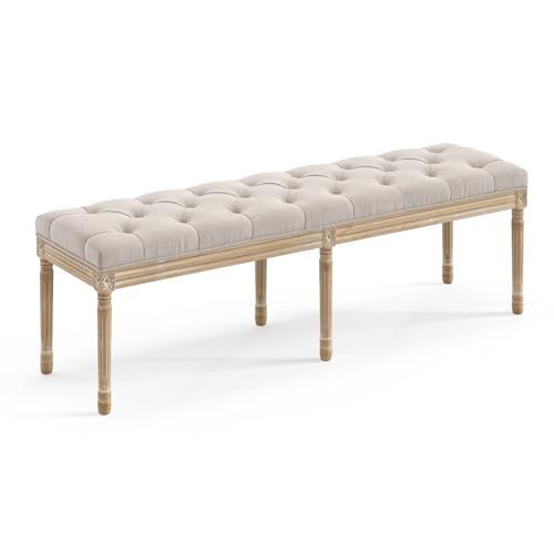 LUE BONA 60" Fabric End of Bed Bench, Upholstered Tufted French Bedroom Bench with Carved Legs for Bedroom End of King Size Bed, Living Room, Linen - color: Linen and Wood, size: 60''