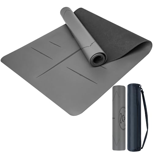 Natural Rubber Yoga Mat - Non Slip Non Toxic - 5mm Thick Yoga Mat for Hot Yoga/Pilates - Extra Large 26.8’’ with Alignment Guide - Sweat Proof - with Carrying Bag - color: Dark Grey