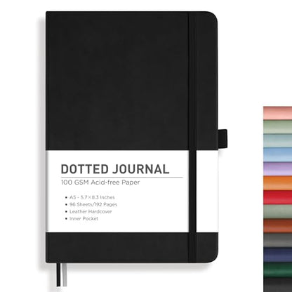 RETTACY Dotted Journal Notebook, 192 Pages, A5 Medium Size (5.7'' x 8.3'') | Leather Hardcover, 100 GSM Thick Paper, for Journaling, Planning, Tracking (Black) - color: Black, style: Dotted