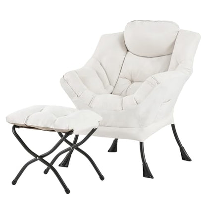 Tiita Lazy Chair with Ottoman, Comfy Reading Accent Chair, Beige | Foldable Footrest, Padded Seat and Backrest, Side Pocket for Lounging in Living Rooms, Bedrooms, Dorms and Small Spaces - color: Peach Skin Beige