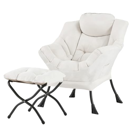Tiita Lazy Chair with Ottoman, Comfy Reading Accent Chair, Beige | Foldable Footrest, Padded Seat and Backrest, Side Pocket for Lounging in Living Rooms, Bedrooms, Dorms and Small Spaces - color: Peach Skin Beige