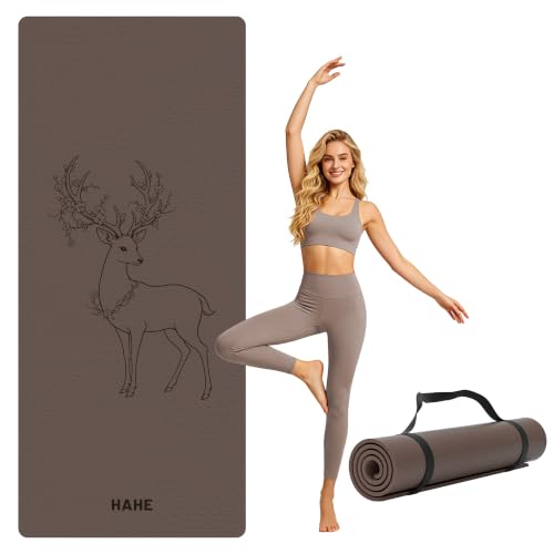 HAHE Extra Wide Yoga Mat, 75"x 32" POE Deer Print Exercise & Fitness Mat | 8mm Thick Large Yoga Mats for Men & Women, Pilates Mat for Home Workout, Non Slip Exercise Mats with Carry Strap - color: Earth Brown