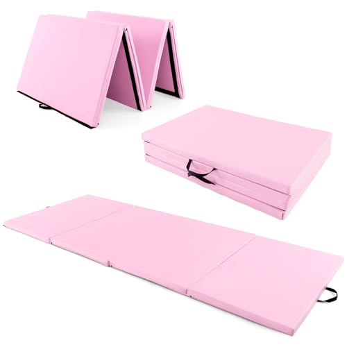 Giantex 4'x10'x 2" Gymnastics Mat, 4-Panel Folding Aerobics Exercise Mat w/Hook & Loop Fastener, Carrying Handle, Portable Tumbling Mat for Stretching Yoga Cheerleading Martial Arts - color: Pink