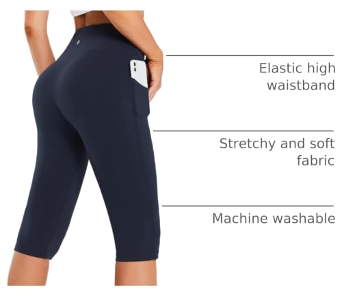 baleaf Women's Capri Leggings with Pockets Knee Length High Waisted - color: Navy Blue, size: Medium